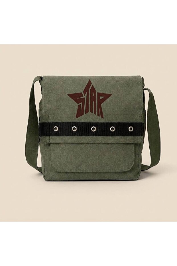 Khaki Star Printed Round Eyelet Messenger Bag