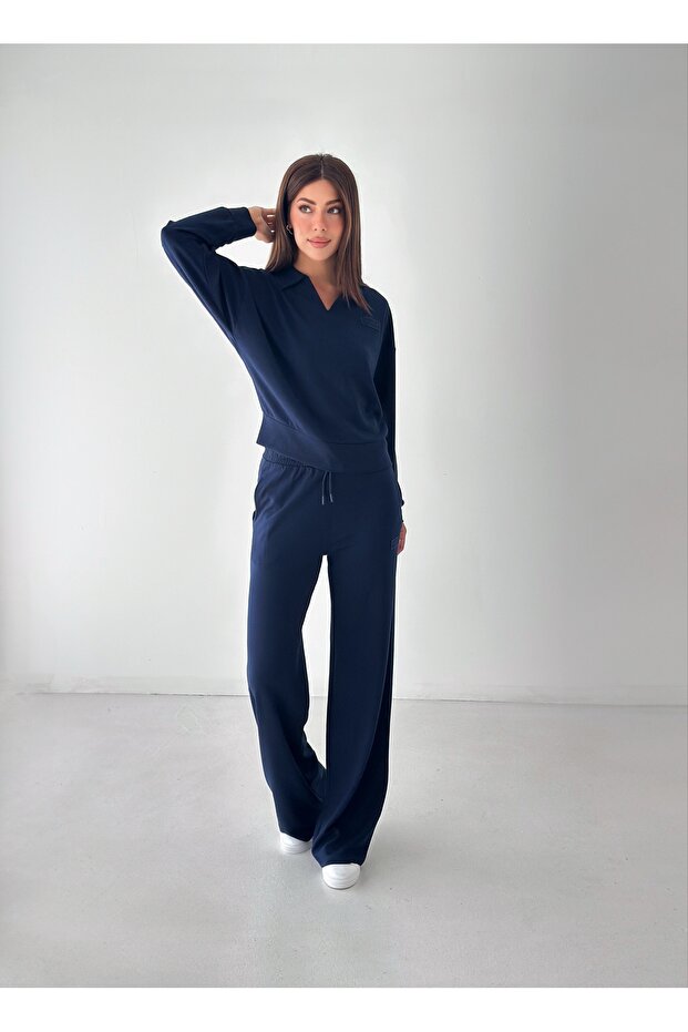 Women's Modal Fabric Embroidery Detailed Polo Collar Sweatshirt Double Set
