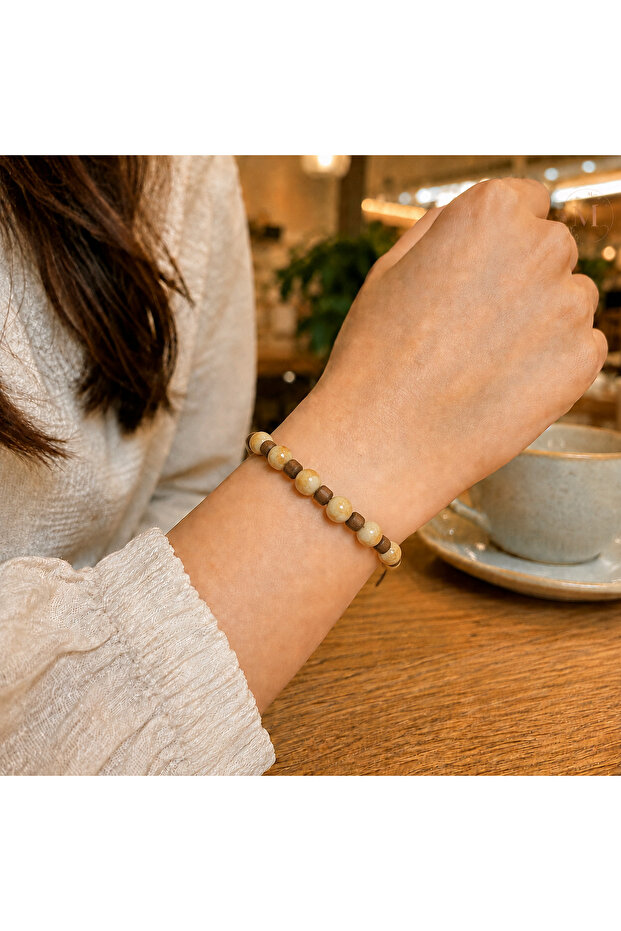 Cream Marble Pattern and Brown Cube Bead Adjustable Bracelet