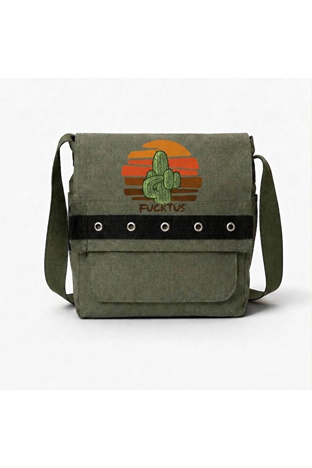 Khaki Cactus Printed Round Eyelet Messenger Bag