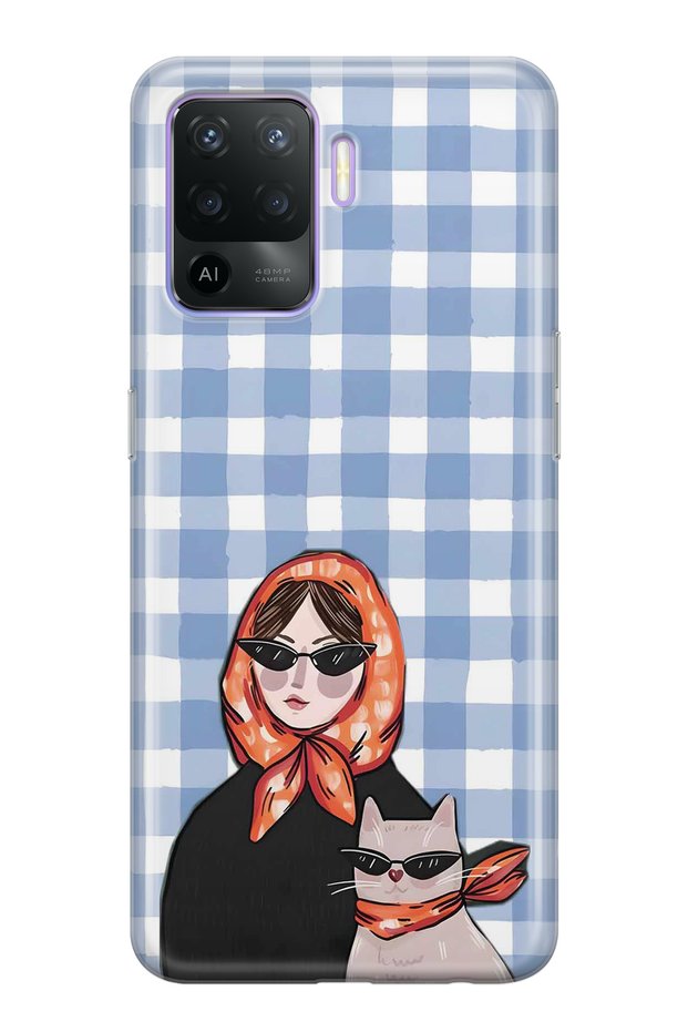 Oppo Reno 5 Lite Compatible Women's and Cat Patterned Transparent Phone Case with Shawl