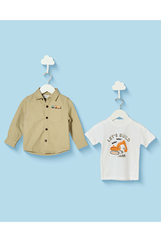 Infant Boys Green Overshirt And White T-Shirt Set