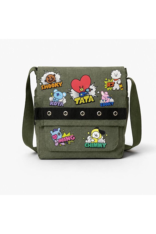 Khaki Bt21 Character Printed Round Eyelet Messenger Bag