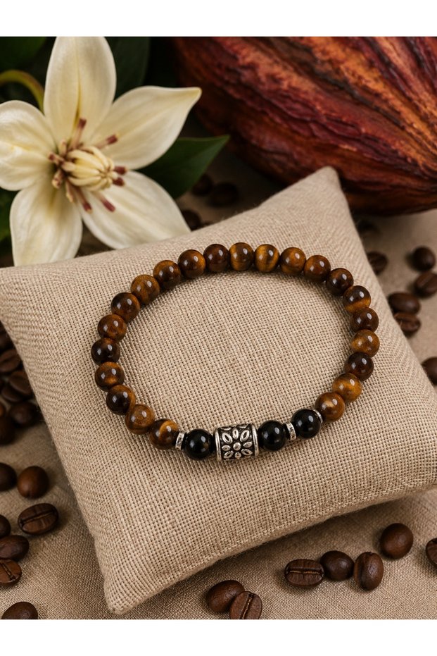 Natural Tiger's Eye Stone Elastic Men's Bracelet with Silver Color Metal Detail