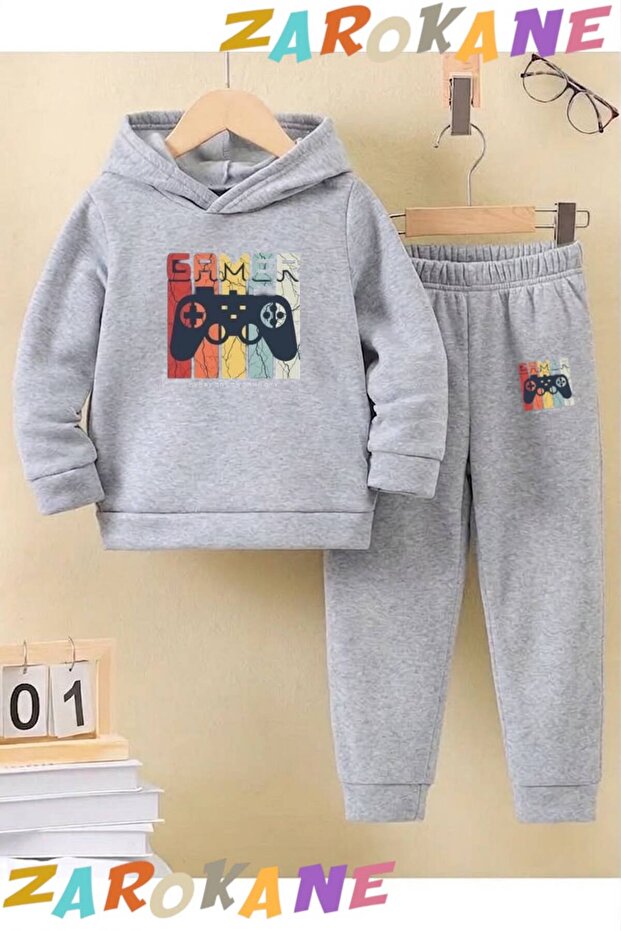 Gamer Console Printed Winter Children's Hooded Top and Bottom Cotton Tracksuit Set (Bottom with Pockets)