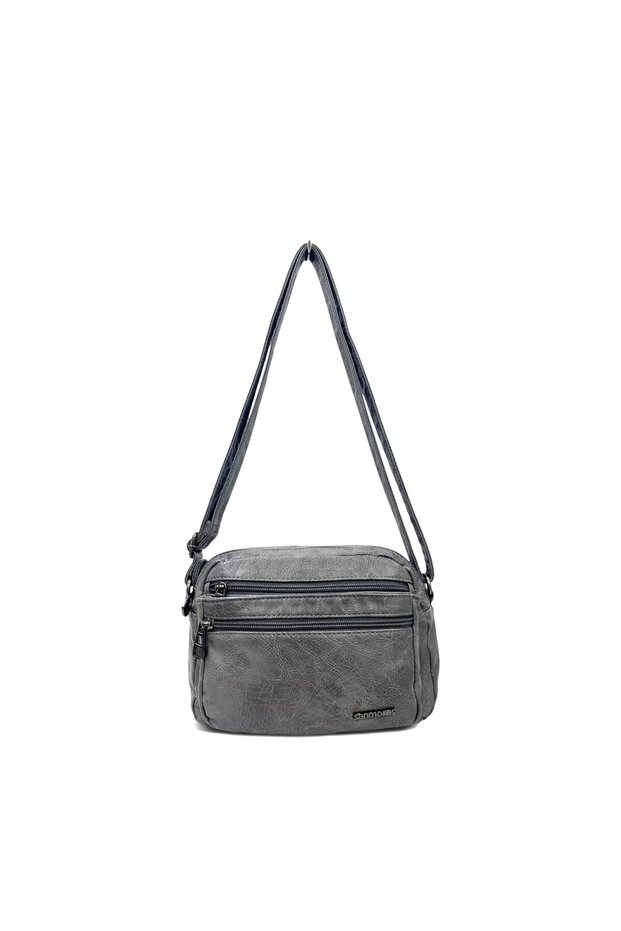 Viatox Vs 003 Multi-Compartment Washed Leather Soft Textured Women's Crossbody Shoulder Bag Gray