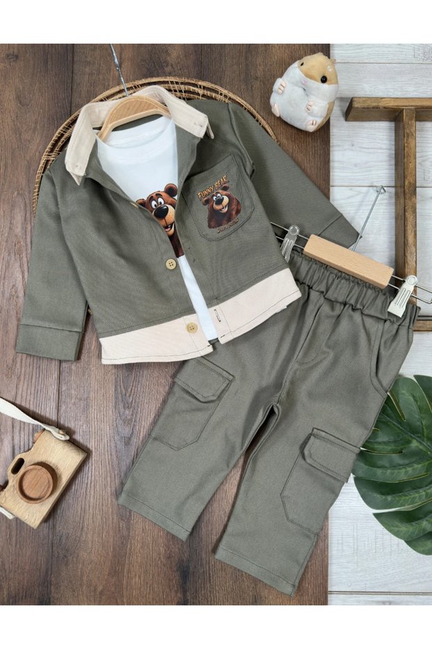 Gabardine Buttoned Teddy Bear Printed Badi Bermuda Pocket Detailed Lycra 3-Piece Baby Boy/Child Set