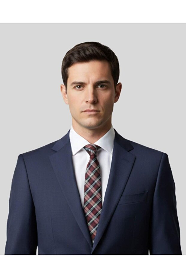 Navy Blue Plaid Patterned Slim Claret Red Tie – 7 cm Wide