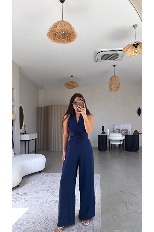 Navy Blue Crepe Fabric Tied Premium Jumpsuit