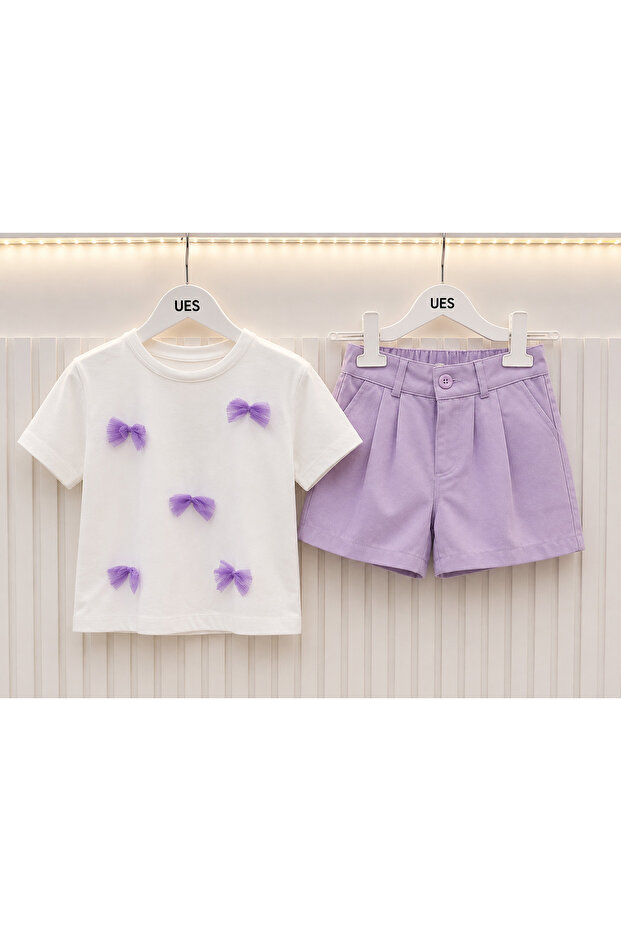 Lilac Bow Detailed Girls' Shorts Set