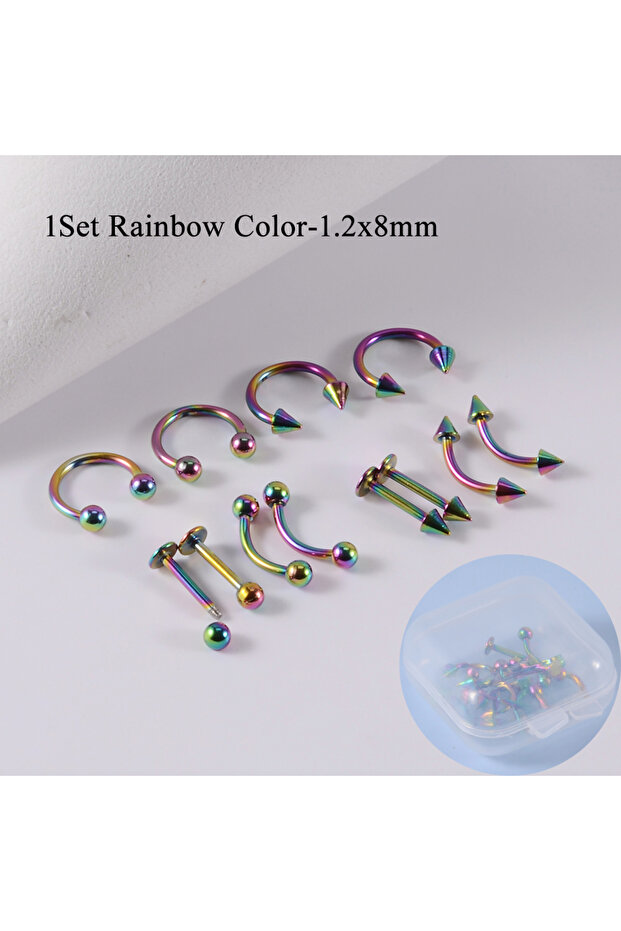 1.2x8x3mm Rainbow Set 12pcs/Set Surgical Steel Silver Color Gold Plated Black Rainbow Ear Nose Eyebr