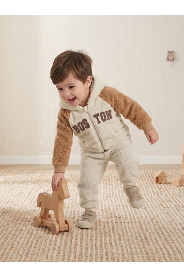 2-5 Years Old Original Kuzu Boston Embroidered Zippered Cardigan Double Set