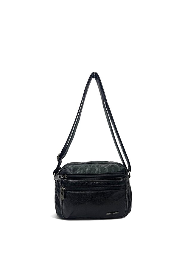 Viatox Vs 003 Multi-Compartment Washed Leather Soft Textured Women's Crossbody Shoulder Bag Black