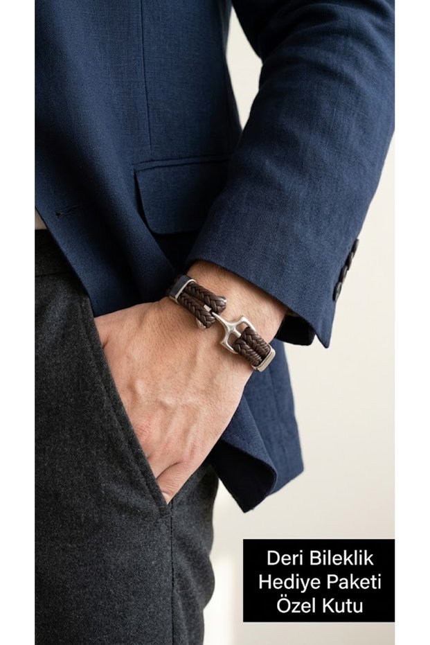 Montero Hook Double Row Braided Genuine Leather Men's Bracelet - Brown