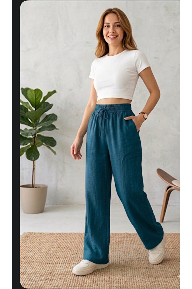 Sofia Linen-Blend Palazzo Trousers with Elasticated Waist and Pockets
