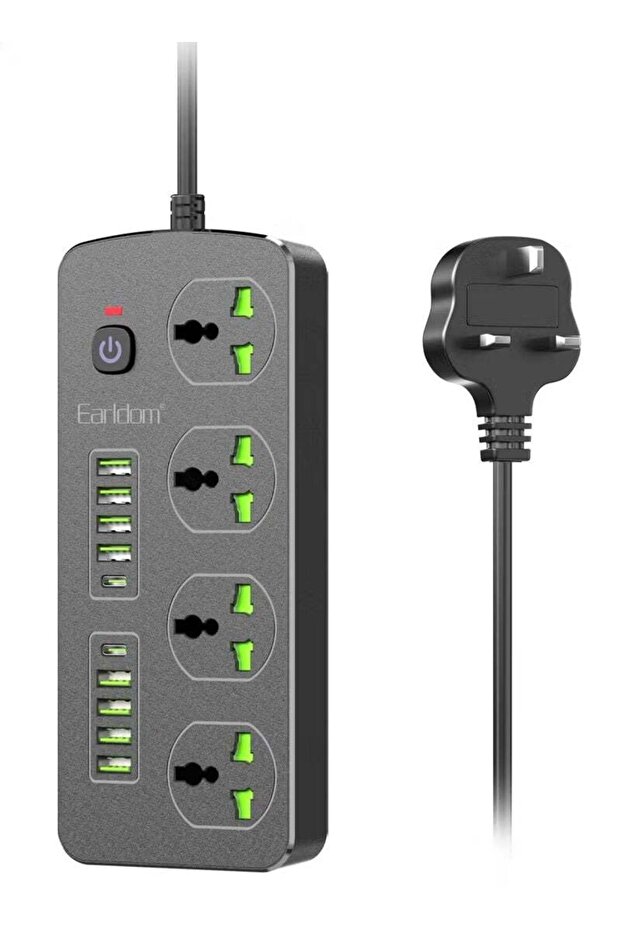 Extension Socket UK EU Plug 3000W with Surge Protection – Power Strip with Quick Charge USB Ports & Phone/Tablet Adapter