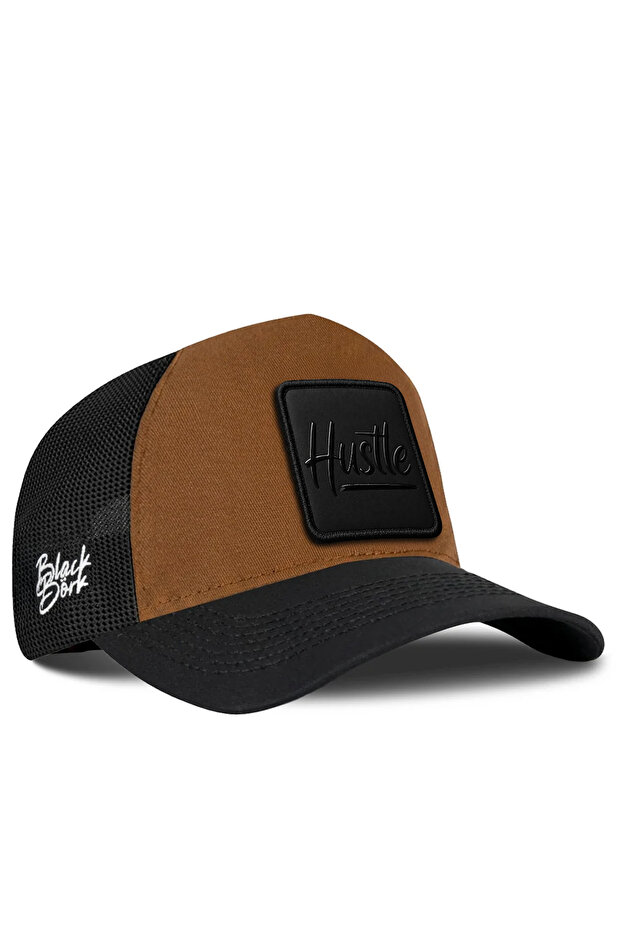 Hustle Black Logo Black-Camel Trucker Hat