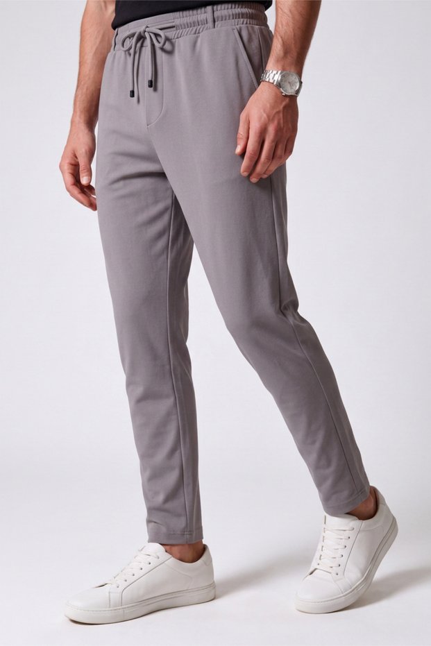 Men's Gray Trousers Elastic Waist Lycra Non-Marking Regular Fit Daily Lace-Up Jogger Style