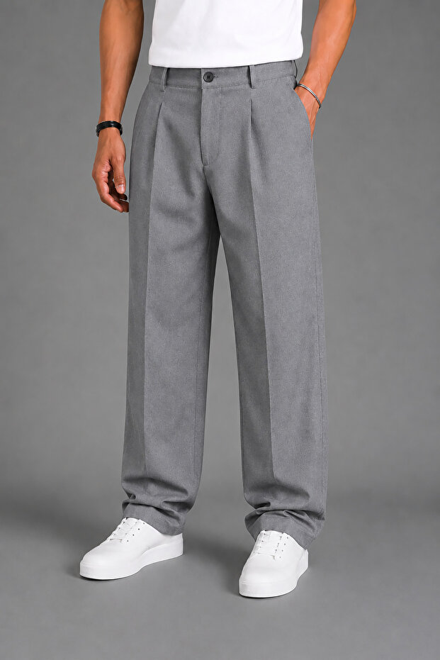 Men's Gray Modern Cut Pleated Wide Leg Fabric Trousers