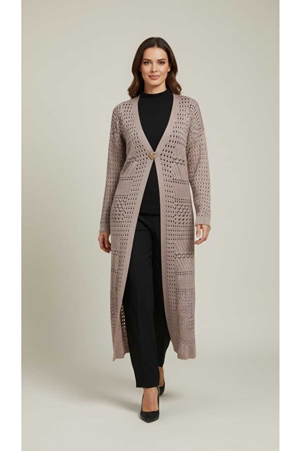 Thin Long Cardigan with Brooch on the Front and Long Holes