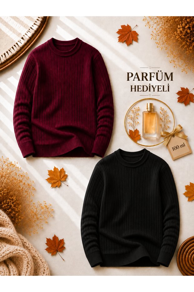 Men's 2-Piece Ribbed Knitwear Sweater + 100 ml Perfume Crew Neck Slim Fit Winter Sweater Set