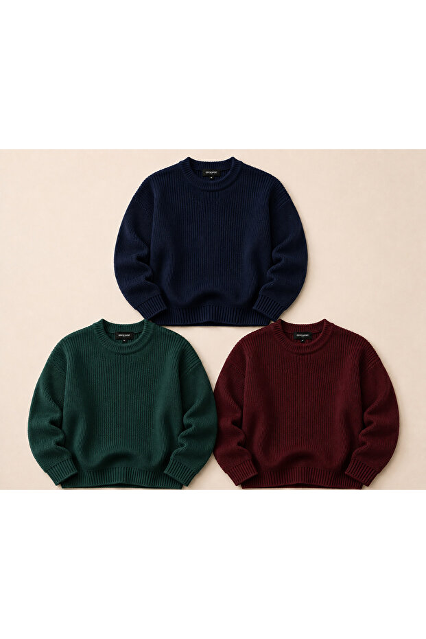 Women's 3-Piece Crew Neck Oversize Knitwear Sweater Soft Knitted Sweater