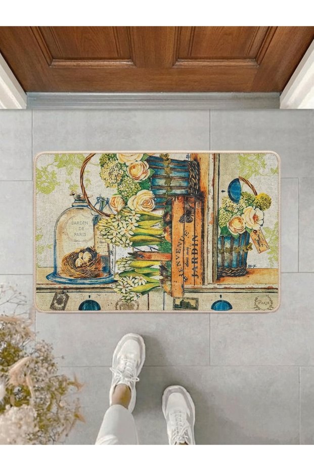 Paris Jardin Vintage Floral Patterned Door Mat 40X60 cm - Digital Printed Washable Non-Slip Base Mat