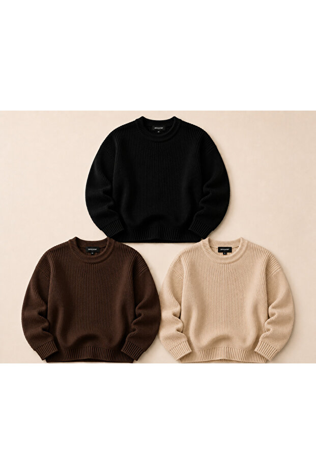 Women's 3-Piece Crew Neck Oversize Knitwear Sweater Soft Knitted Sweater