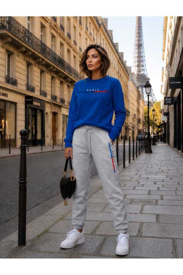 Zero Collar Sweat Suit 2-Piece Combination Winter Patterned Striped Paris Printed Women's / Men's Unisex Model