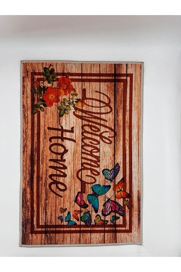 Wood Patterned Floral and Butterfly Welcome Home Door Mat 40X60 cm - Washable Non-Slip Base Mat