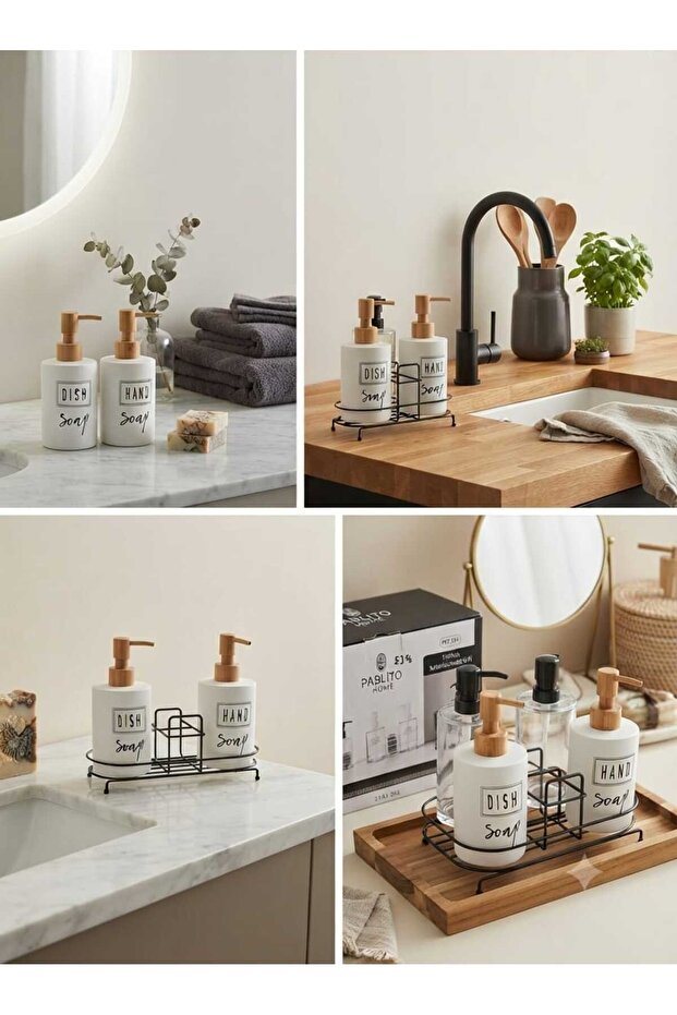 Metal Stand Dish & Hand Soap Dispenser Set with Writing on It - Bathroom and Kitchen Countertop Organizer - Stylish Decorative Soap Dispenser Set