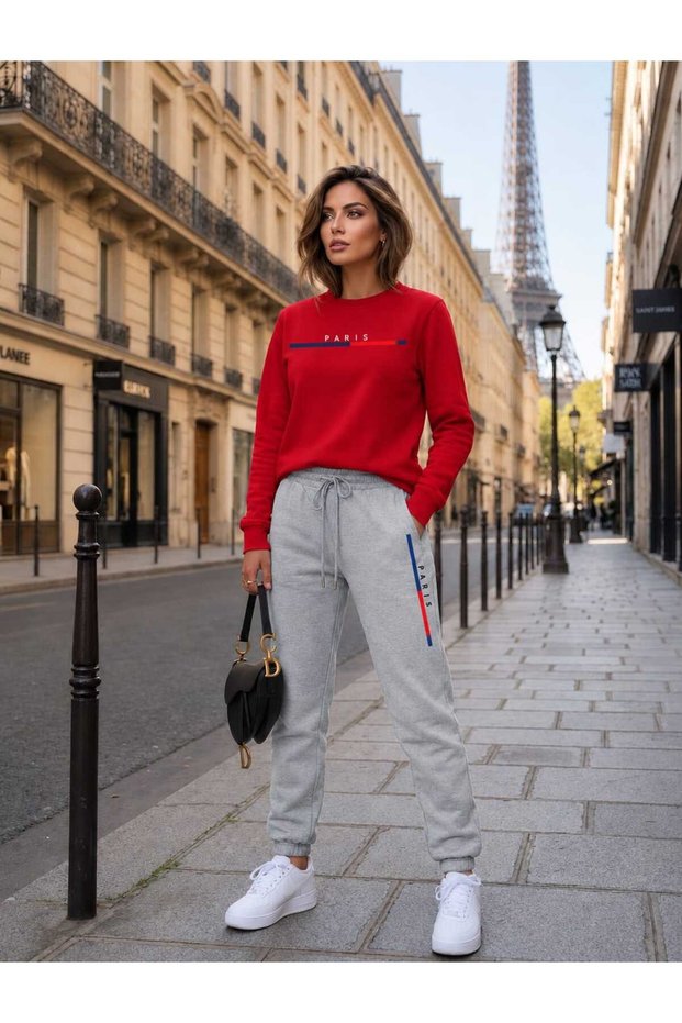 Zero Collar Sweat Suit 2-Piece Combination Winter Patterned Striped Paris Printed Women's / Men's Unisex Model