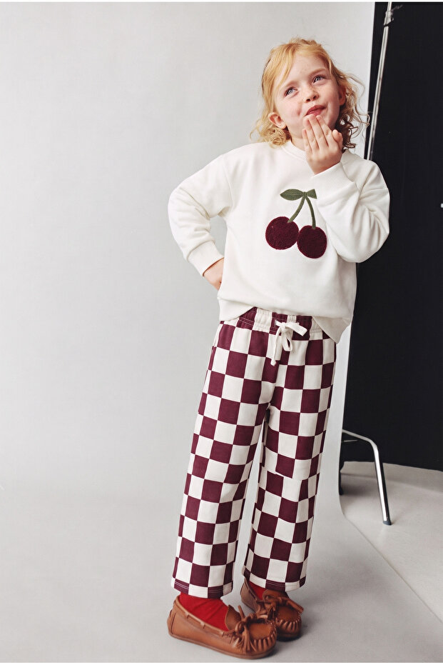 Girl's Cherry Embroidered Ecru School Sweatshirt and Checkerboard Patterned Sweatpants Set