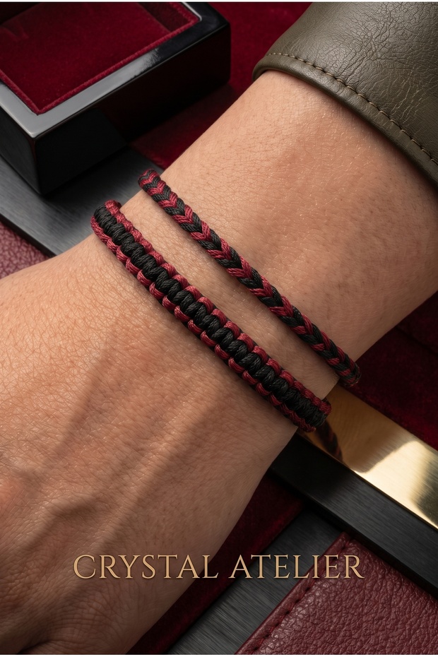 Red Black 2-Piece Macrame Knitted Rope Bracelet Set Unisex Adjustable Fan Bracelet