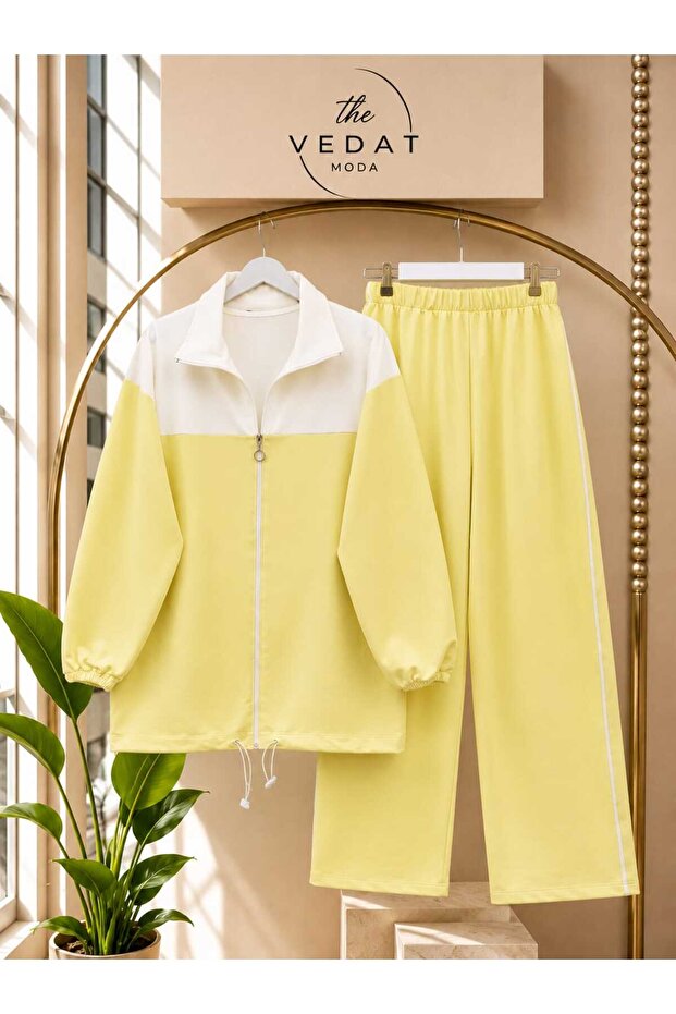 Women's Double Color Detailed Zippered Trousers Set -0600