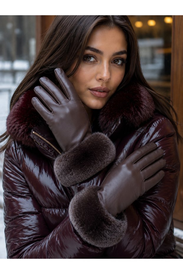 Women's Zigzag Detailed Brown Leather Gloves Eld20