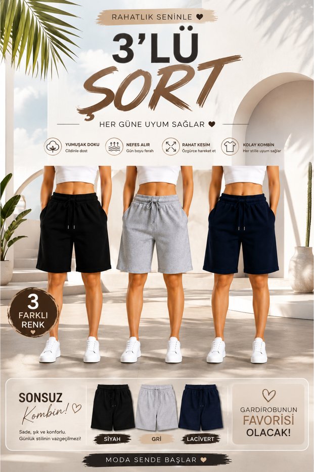 3 Pieces of Women's Shorts Compatible with Daily Outfits (Black-Grey-Navy Blue)