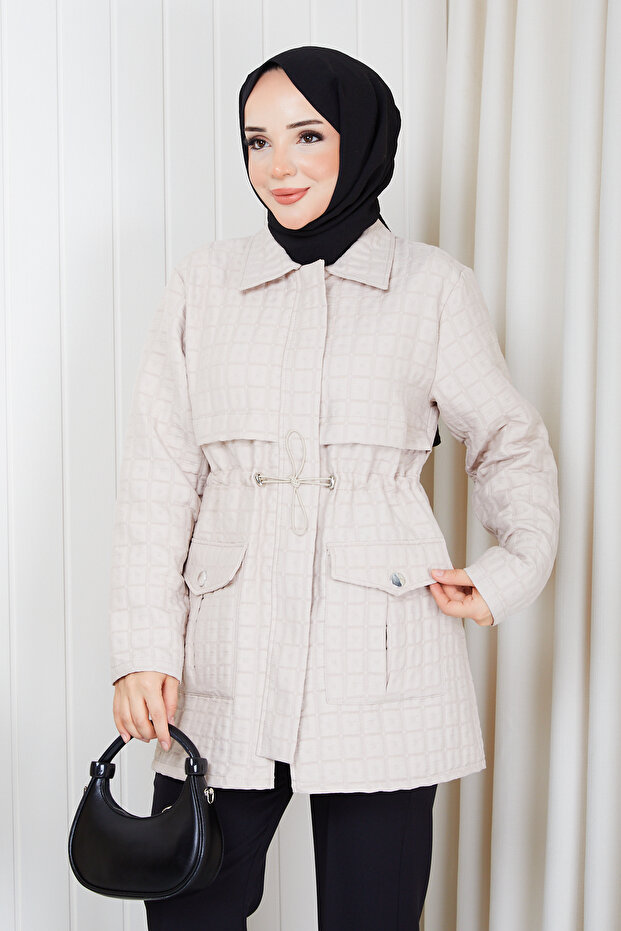 Women's Waist Tunneled Quilted Coat with Pockets