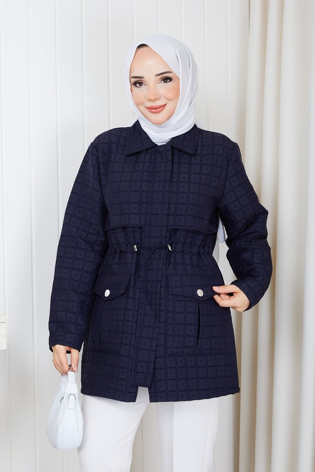 Women's Waist Tunneled Quilted Coat with Pockets