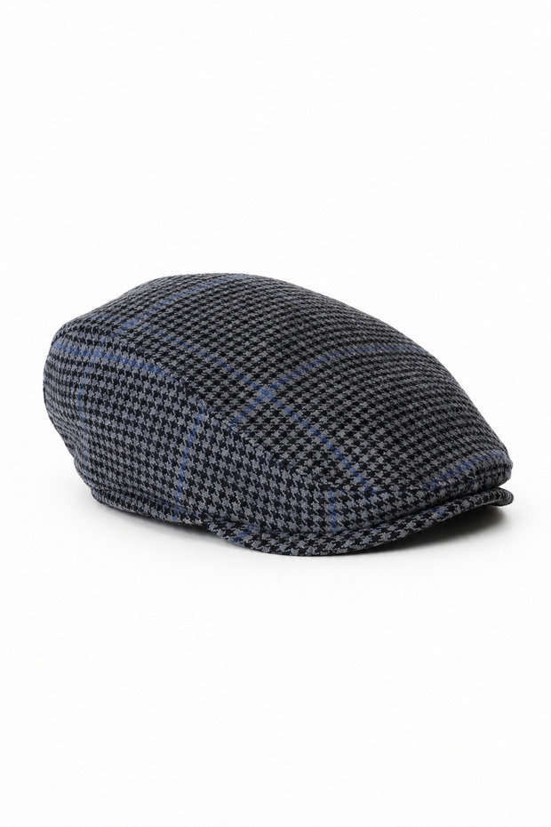 Men's Cap Gray Navy Blue Plaid Tweed Wool Standard Size Hat