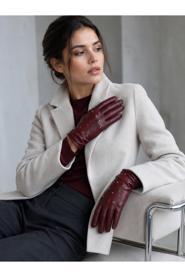 Women's Burgundy Leather Gloves with Metal Stone Detail Eld42