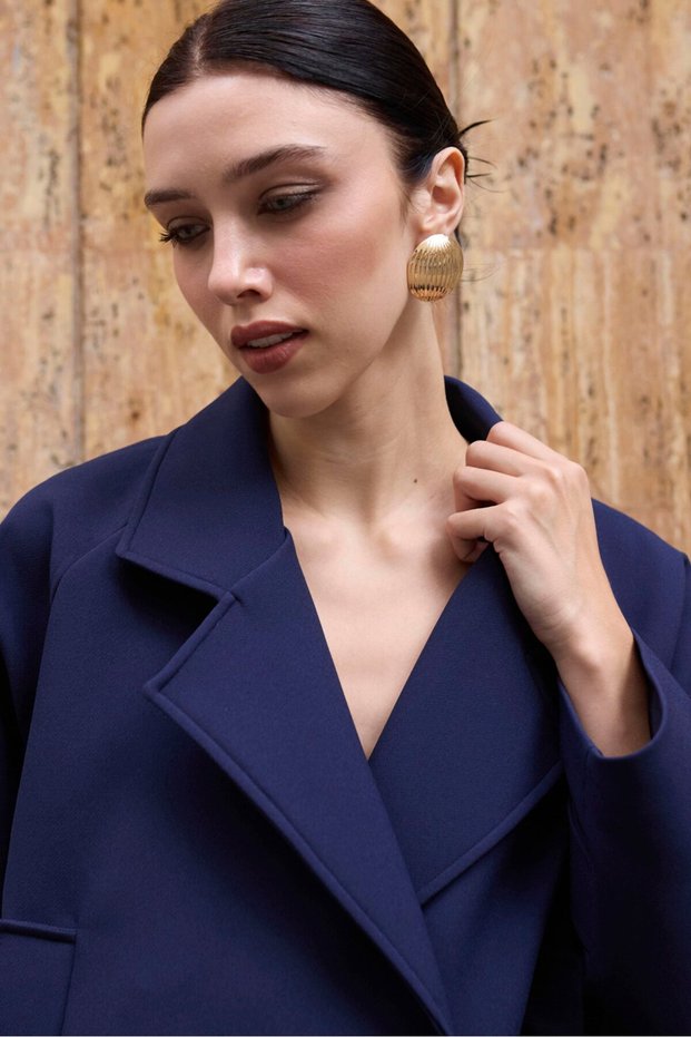Navy Blue Double-Breasted Short Trench Jacket with Pocket Detail - 9647