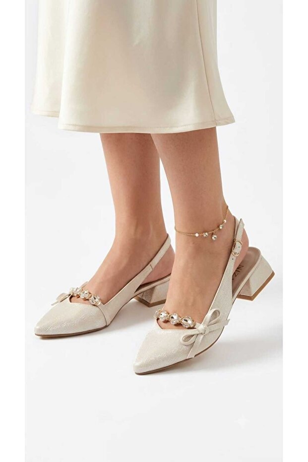 Pointed Toe Buckle Open Back Short Heeled 3-cm Satin Women's Shoes-New Model