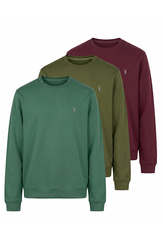 Men's 3-Pack Cotton Basic Crew Neck Long Sleeve Sweatshirt - Khaki-Burgundy