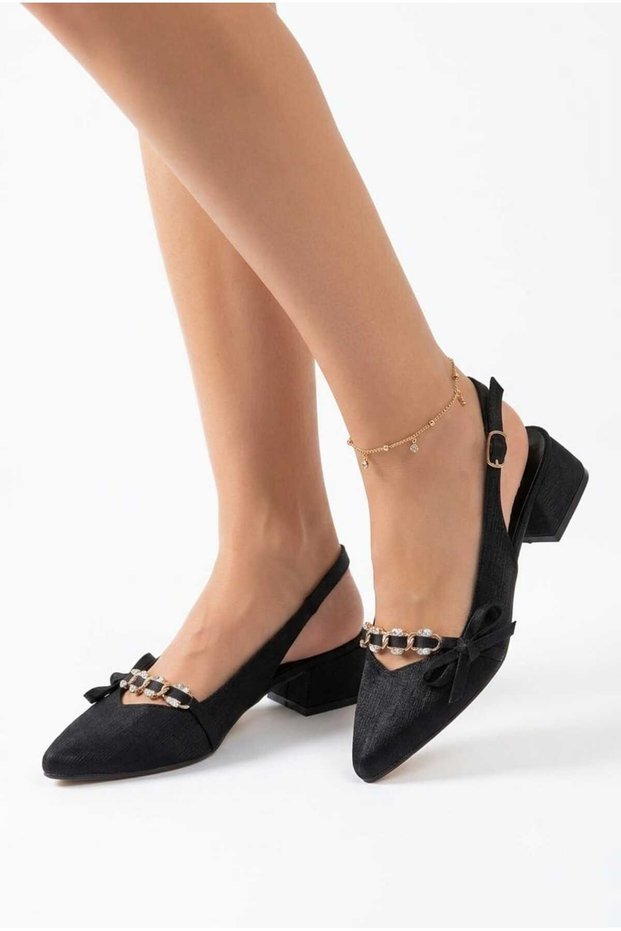 Pointed Toe Buckle Open Back Short Heeled 3-cm Satin Women's Shoes-New Model