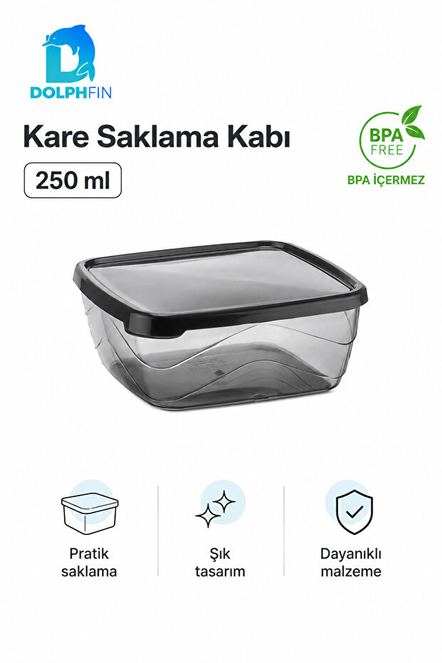 Square Storage Container 250 ml 10X10X4 cm Smoked Transparent Black Lid Bpa Free