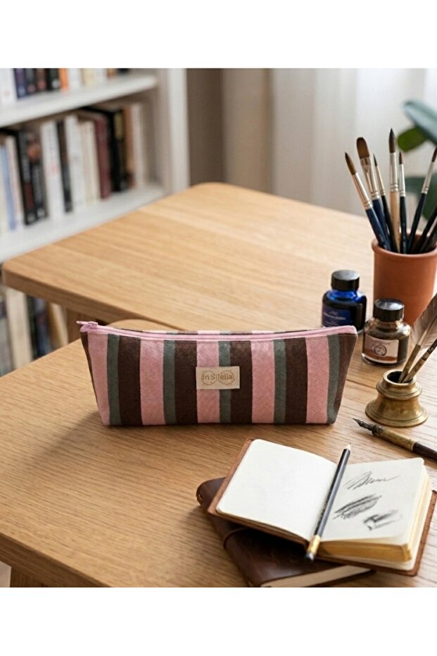 Pencil Case with Line Pattern School Pencil Holder..