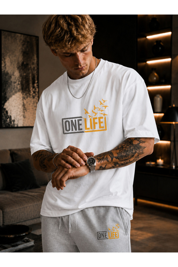 One Life Printed Cotton Oversize Premium T-Shirt Sweatpants Adult Set