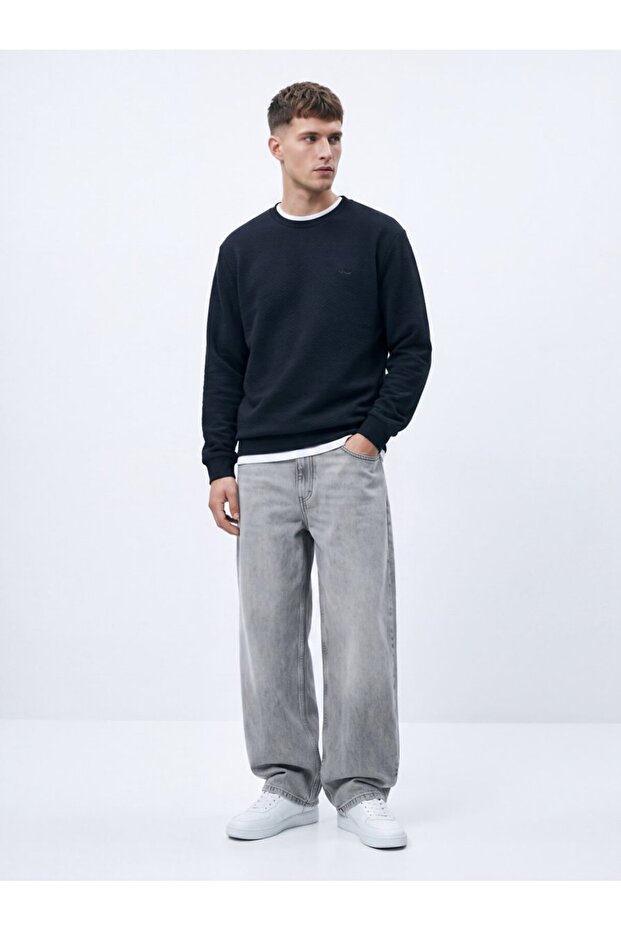 Regular Fit Basic Crew Neck Navy Blue Sweatshirt