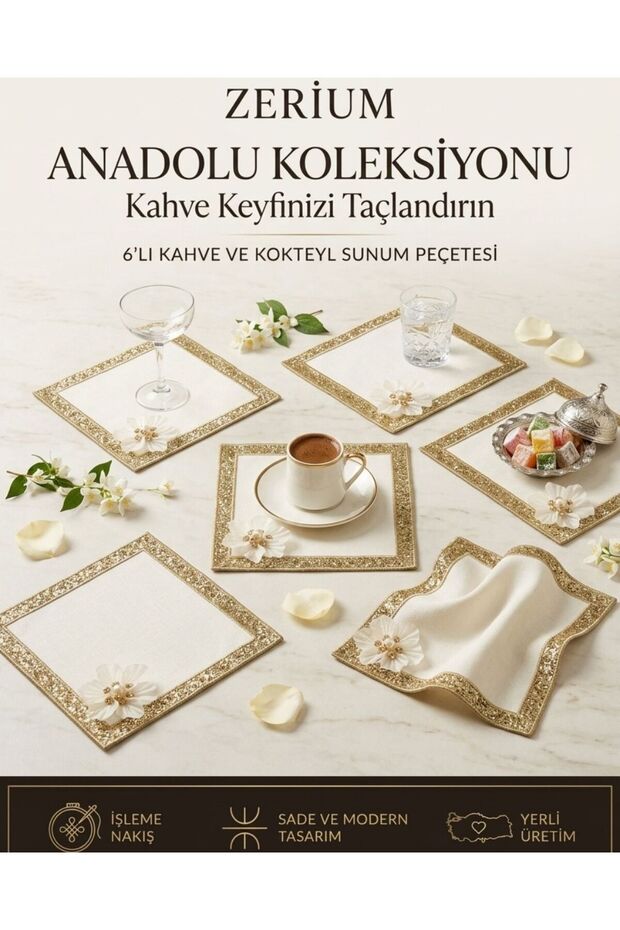 Premium 6-Piece Cocktail and Coffee Presentation Napkin Set with Pearls and Flowers Gold Glitter Frame